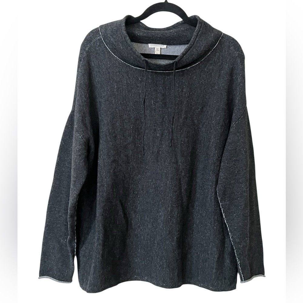 Eileen Fisher charcoal funnel neck drawstring long sleeve top organic cotton